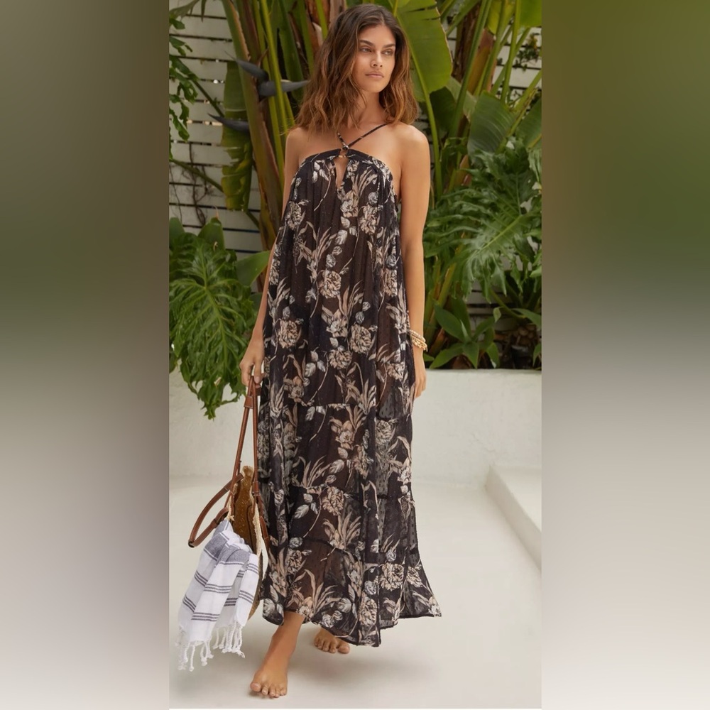ANTHROPOLOGIE SHEER DRAMA EYELASH TIERED HALTER MAXI DRESS BLACK FLORAL L